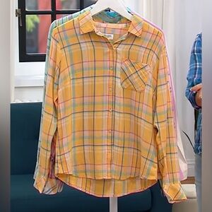Candace Cameron Bure Apricot plaid linen blend button-front shirt w pocket EUC